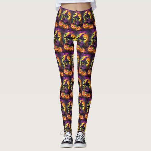 Spooky Turkish Angora Cat Halloween Witch Pumpkin Leggings