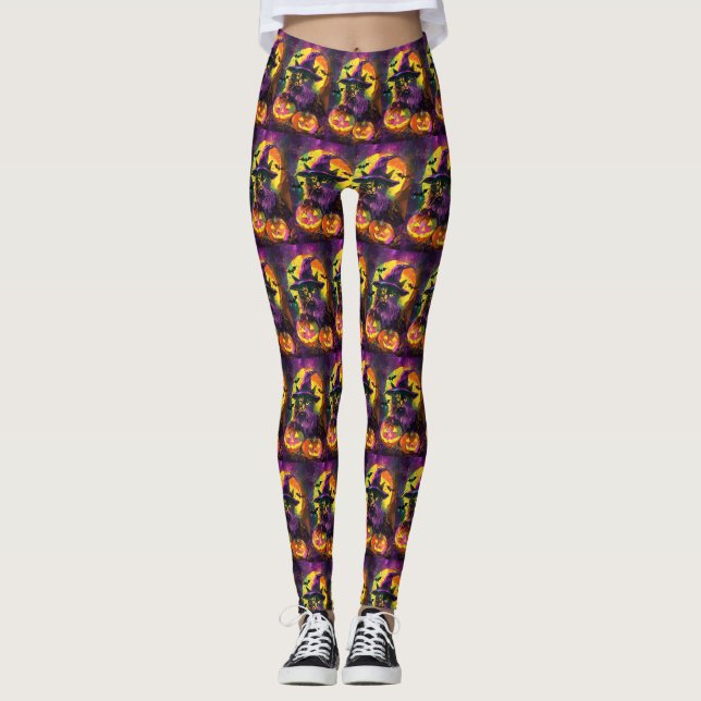 Spooky Turkish Angora Cat Halloween Witch Pumpkin Leggings (Front)
