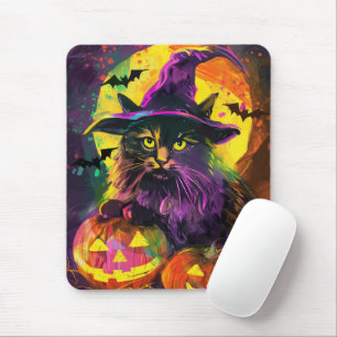 Spooky Turkish Angora Cat Halloween Witch Pumpkin Mouse Pad