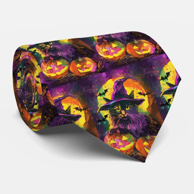 Spooky Turkish Angora Cat Halloween Witch Pumpkin Neck Tie (Rolled)
