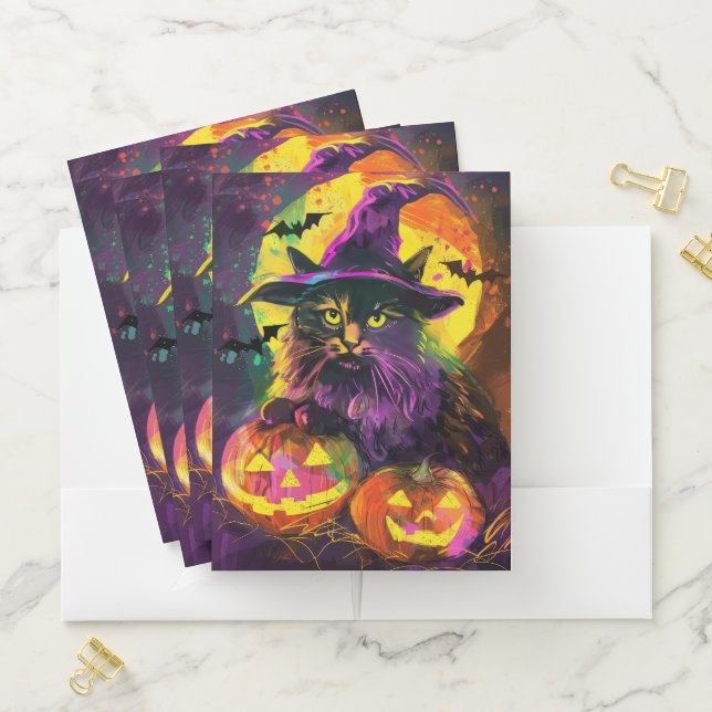 Spooky Turkish Angora Cat Halloween Witch Pumpkin Pocket Folder (In Situ)