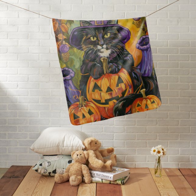 Spooky Tuxedo Cat Halloween Witch And Pumpkin Baby Blanket (In Situ)