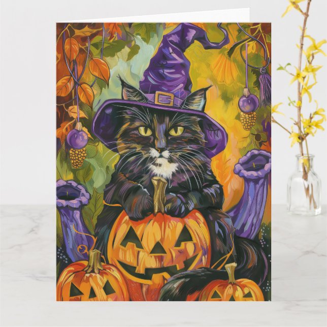 Spooky Tuxedo Cat Halloween Witch And Pumpkin  Card (Yellow Flower)