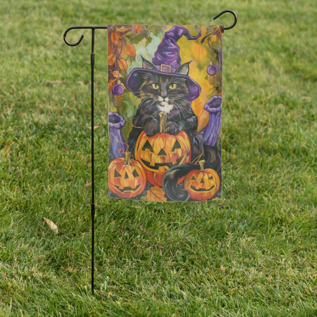 Spooky Tuxedo Cat Halloween Witch And Pumpkin Garden Flag (In SItu)