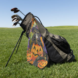 Spooky Tuxedo Cat Halloween Witch And Pumpkin Golf Towel