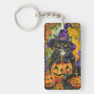 Spooky Tuxedo Cat Halloween Witch And Pumpkin Keychain