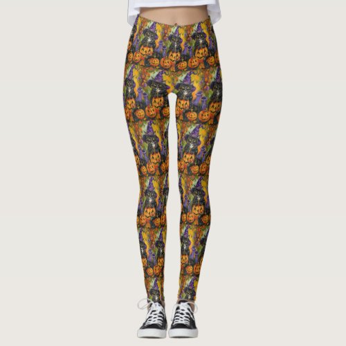 Spooky Tuxedo Cat Halloween Witch And Pumpkin Leggings