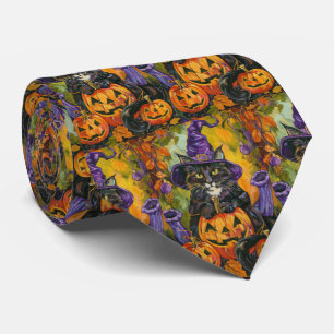 Spooky Tuxedo Cat Halloween Witch And Pumpkin Neck Tie