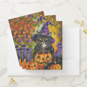 Spooky Tuxedo Cat Halloween Witch And Pumpkin Pocket Folder