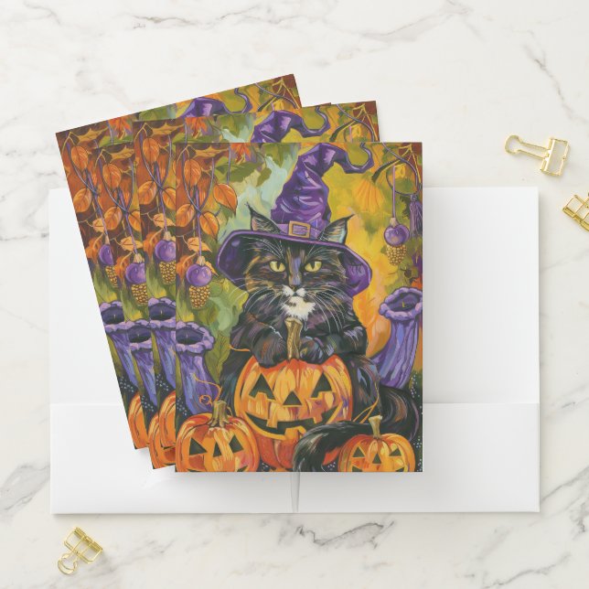 Spooky Tuxedo Cat Halloween Witch And Pumpkin Pocket Folder (In Situ)