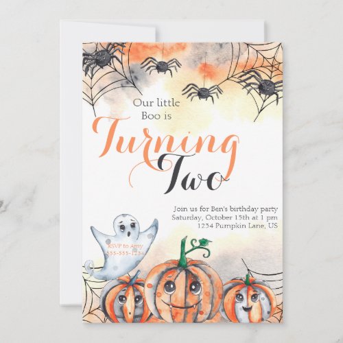 Spooky Two Watercolor Halloween 2nd Birthday Invitation