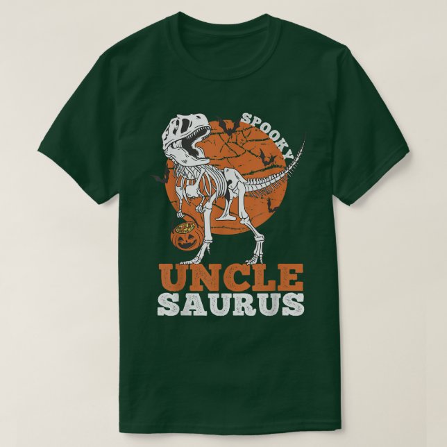 Spooky Uncle Saurus Dinosaur Skeleton T rex Pumpki T-Shirt (Design Front)