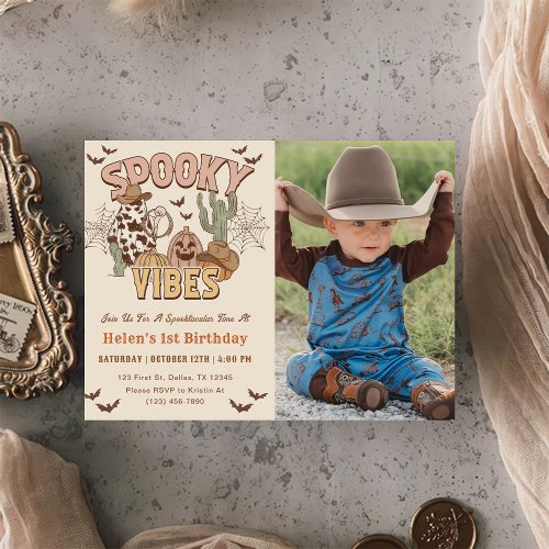 Spooky Vibes 1st Birthday Western Party Photo  Invitation