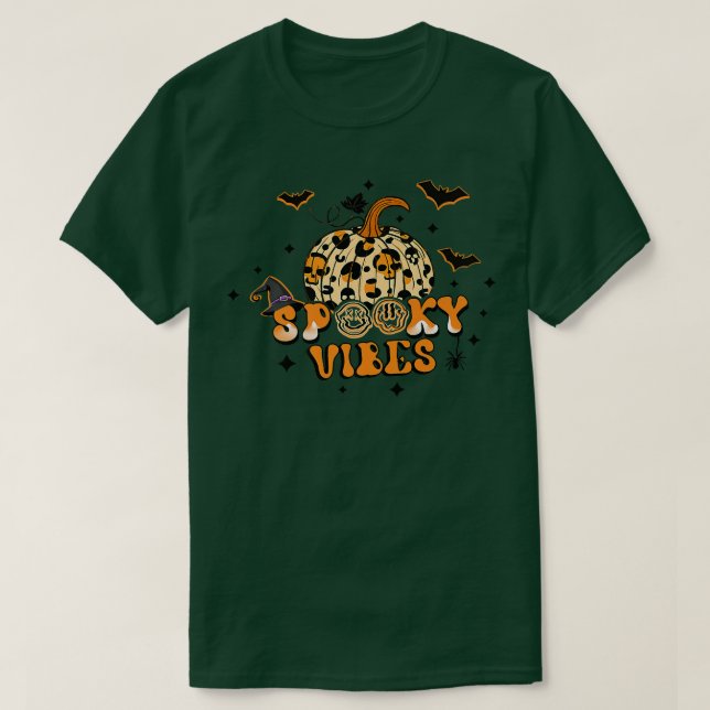 Spooky Vibes Autumn Pumpkin Leopard Hat Witches Ha T-Shirt (Design Front)