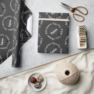 Spooky Vibes Black White Happy Halloween Pattern Wrapping Paper
