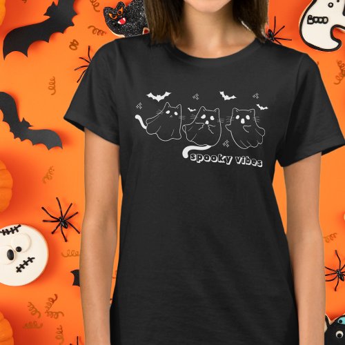 Spooky Vibes Cat Ghosts Black and White T_Shirt