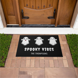 Spooky Vibes Cute Cartoon Ghosts Black Halloween Doormat
