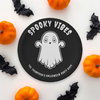 Spooky Vibes Cute Ghost Halloween Black And White Paper Plates