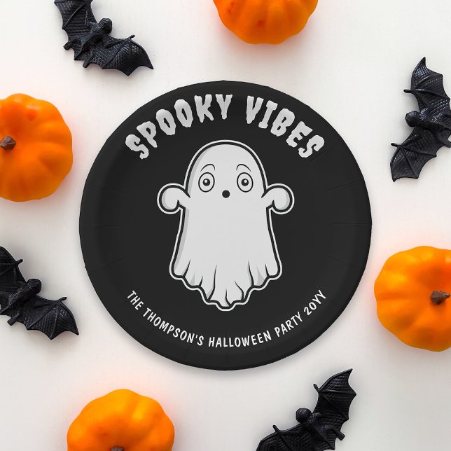 Spooky Vibes Cute Ghost Halloween Black And White Paper Plates (Ideal design for a spooky Halloween party featuring a cute ghost. Personalize with your custom text!)
