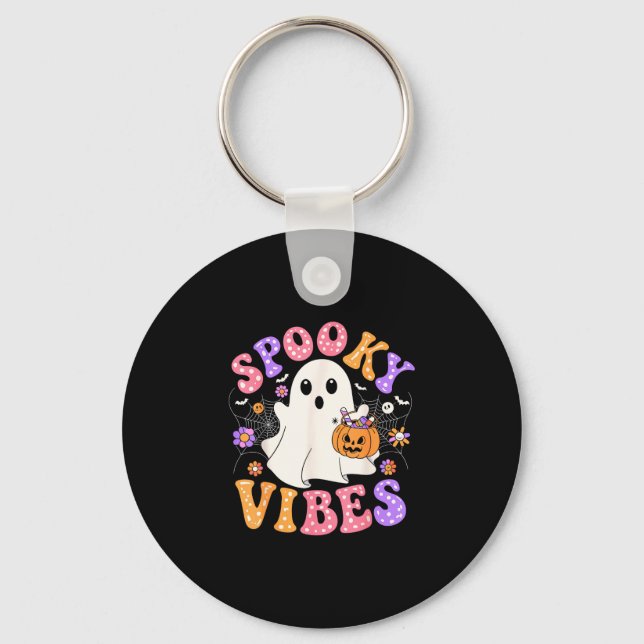 Spooky vibes cute ghost jack o lantern retro keychain (Front)