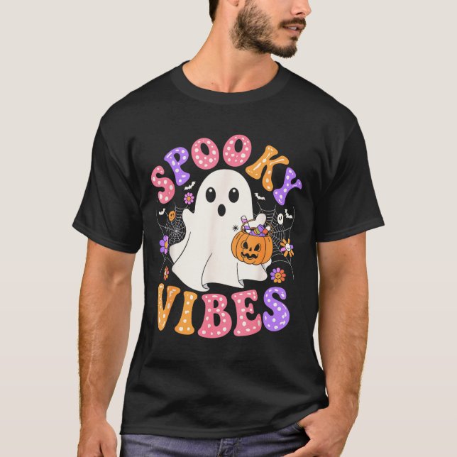 Spooky vibes cute ghost jack o lantern retro T-Shirt (Front)