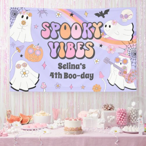 Spooky Vibes Cute Halloween Groovy Ghost Birthday Banner