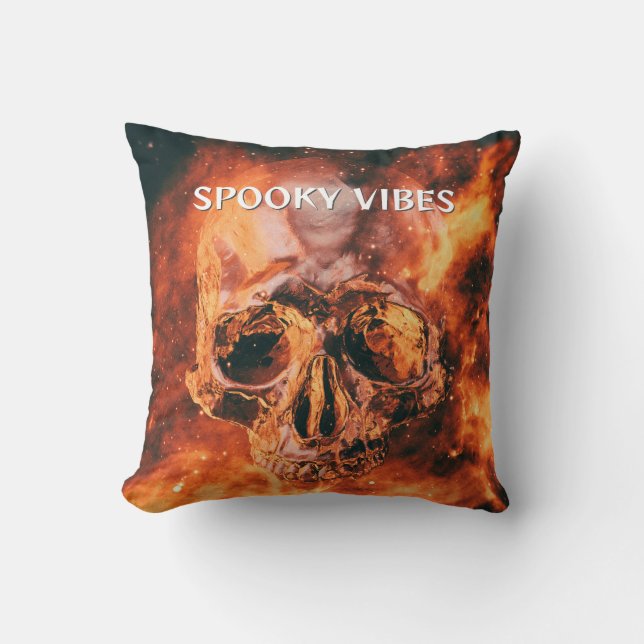 Spooky Vibes. Flaming skull in space Throw Pillow (Front)