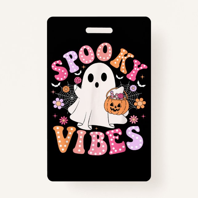 Spooky Vibes Ghost Retro Groovy Halloween Badge (Front)