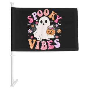 Spooky Vibes Ghost Retro Groovy Halloween Car Flag