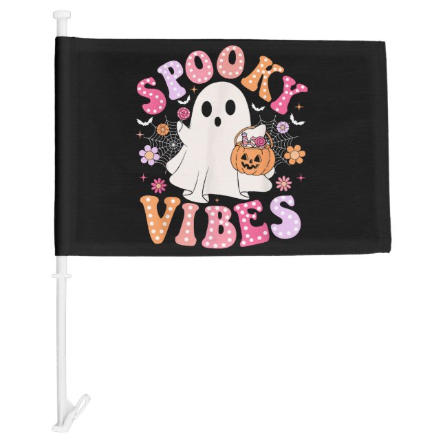 Spooky Vibes Ghost Retro Groovy Halloween Car Flag (Front)