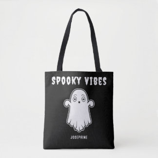 Spooky Vibes Ghost With Custom Name Black White Tote Bag