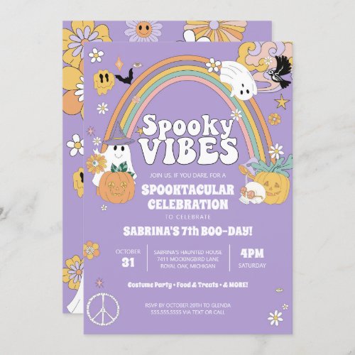 Spooky Vibes Groovy Ghost Hippe Halloween Birthday Invitation
