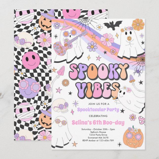 Spooky Vibes Halloween Cute Groovy Ghost Birthday Invitation (Front/Back)