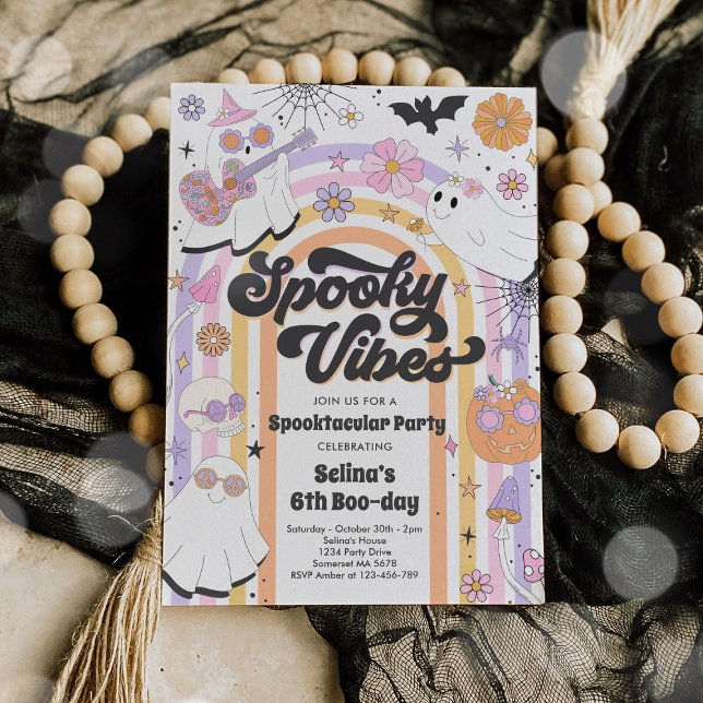 Spooky Vibes Halloween Cute Groovy Ghost Birthday  Invitation (Creator Uploaded)