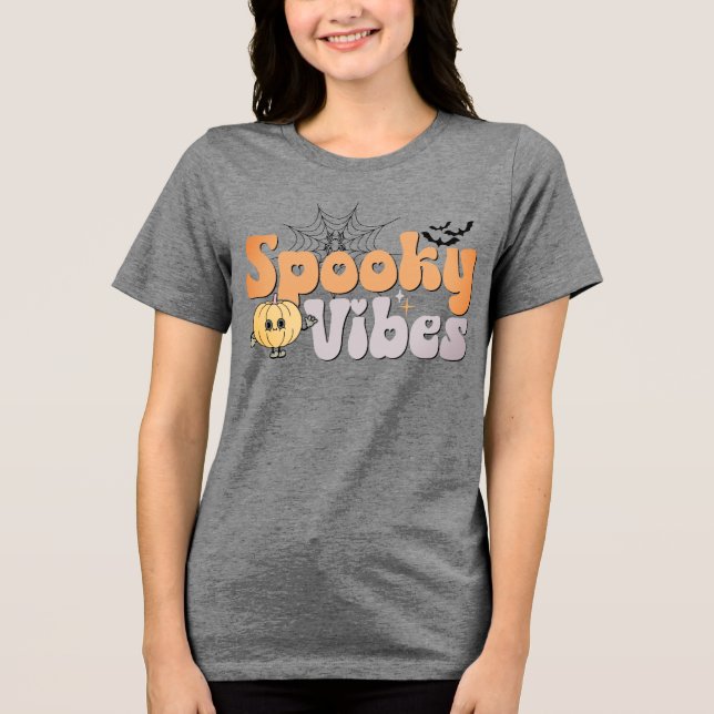 Spooky Vibes Halloween Cute Pumpkin Bats Spider Tri-Blend Shirt (Front)
