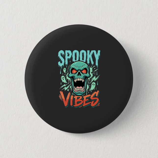 Spooky Vibes Halloween Ghost Skull Design_1 Button (Front)