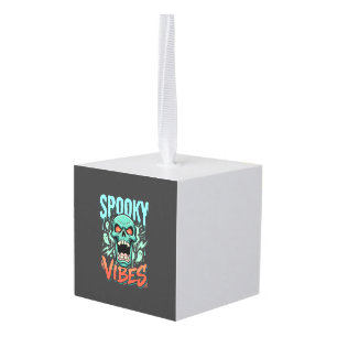 Spooky Vibes Halloween Ghost Skull Design_1 Cube Ornament