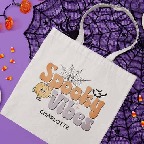 Spooky Vibes Halloween Pumpkin Bats Personalized Tote Bag