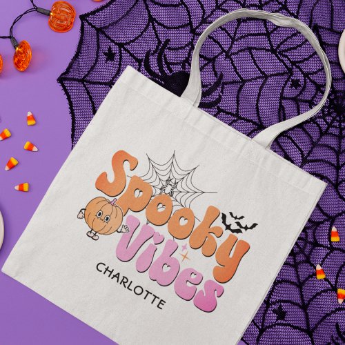 Spooky Vibes Halloween Pumpkin Bats Personalized Tote Bag