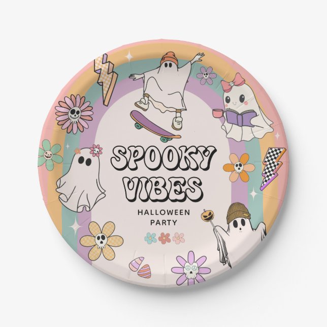 Spooky Vibes Retro Fun Halloween Party  Paper Plates (Front)