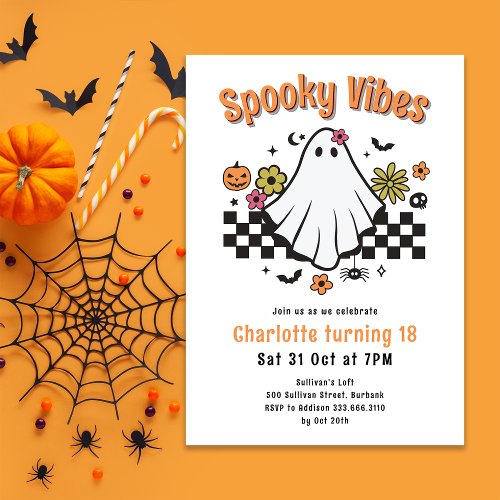 Spooky Vibes Retro Ghost Halloween Birthday Party Invitation