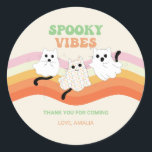 Spooky Vibes Retro Halloween Ghost Birthday Classic Round Sticker<br><div class="desc">Get ready for a spine-tingling good time with our "Spooky Vibes Retro Halloween Cat Ghost Birthday Invitation." This unique and nostalgic design combines the best of Halloween and birthday celebrations. With its retro-inspired elements, including a mischievous black cat and friendly ghost, it's perfect for those who adore the spooky season....</div>