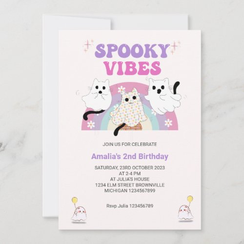 Spooky Vibes Retro Halloween Ghost Birthday Invitation