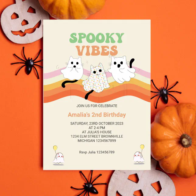 Spooky Vibes Retro Halloween Ghost Birthday Invitation | Zazzle