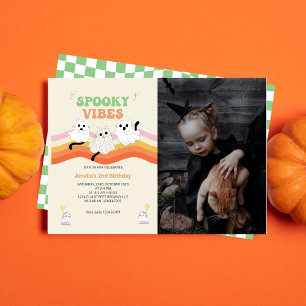 Spooky Vibes Retro Halloween Ghost Birthday Photo Invitation