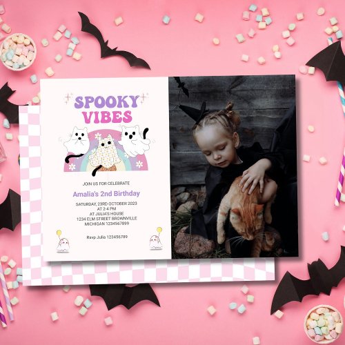 Spooky Vibes Retro Halloween Ghost Birthday Photo Invitation