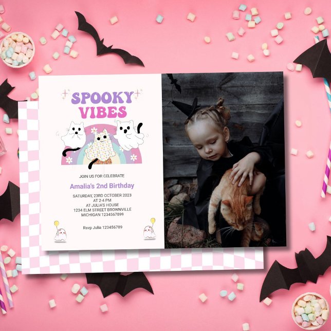 Spooky Vibes Retro Halloween Ghost Birthday Photo Invitation (Creator Uploaded)