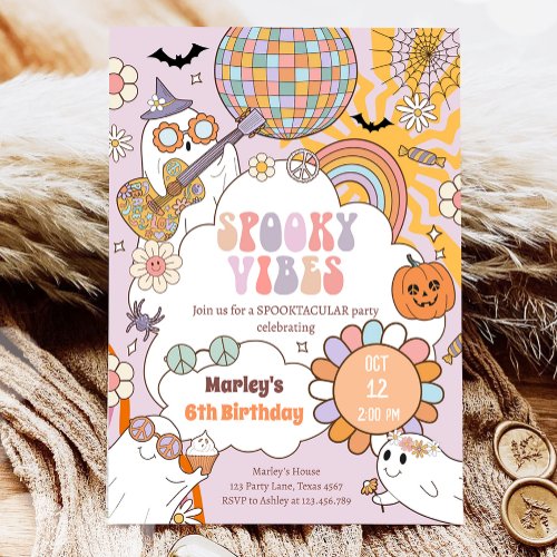 Spooky Vibes Retro Halloween Party Girl Birthday Invitation