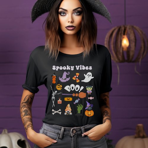 Spooky Vibes Retro Halloween Skeleton Ghost Boo T_Shirt