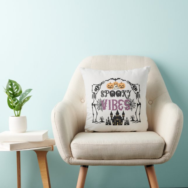 Spooky Vibes Skeletons Bats Skulls Gray Halloween Throw Pillow (Chair)